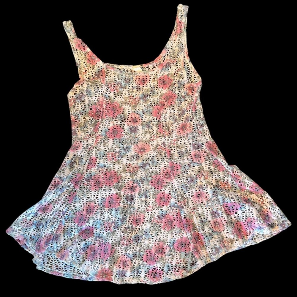 Vintage Mesh Watercolor Floral Skater Dress Swim Coverup L